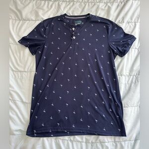 Navy Short-Sleeve Henley Polo with Micro Flamingo Print